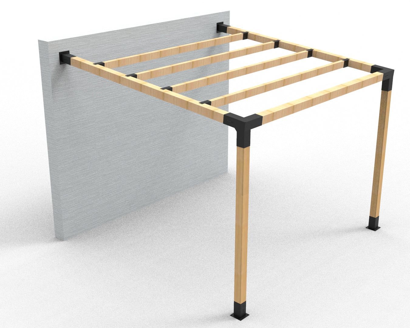 A 3d model of a wooden pergola attached to a wall.
