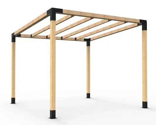 A wooden pergola is sitting on top of a white surface.