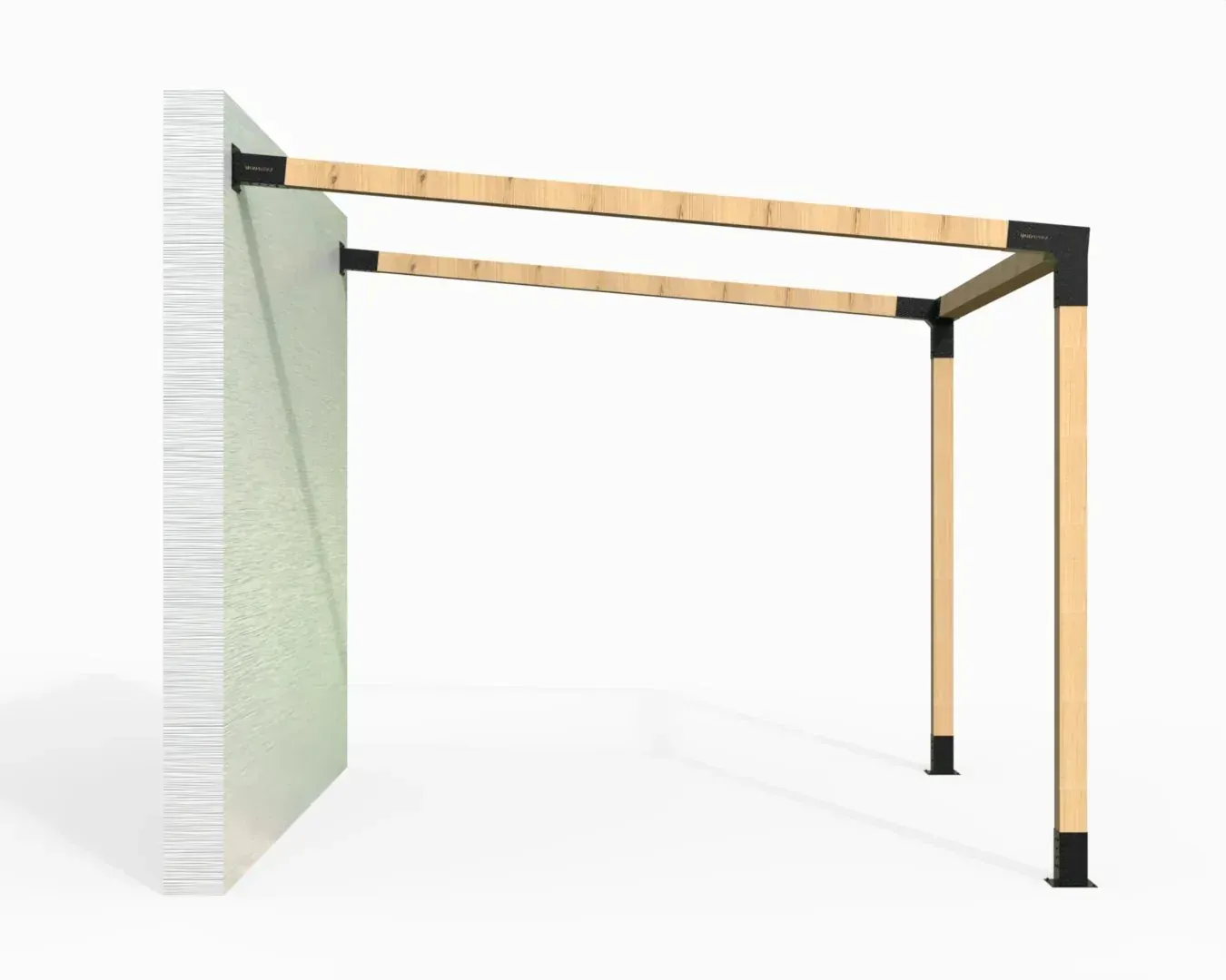 A wooden structure is attached to a concrete wall.