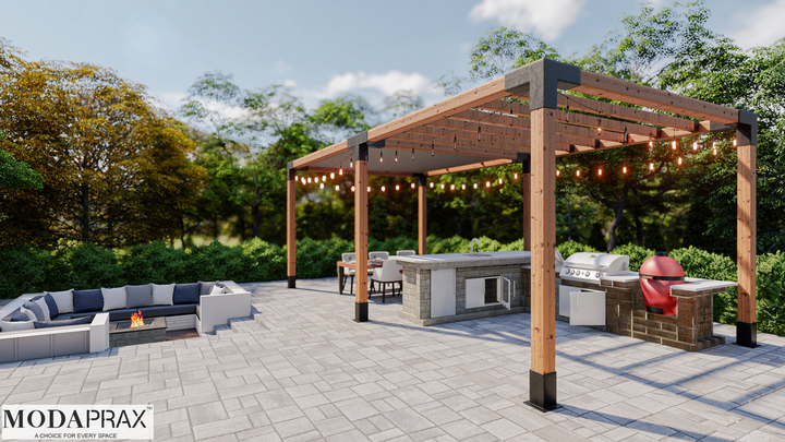 A pergola with a couch , chairs , and a grill in a backyard. A pergola with a couch , chairs , and a grill in a backyard.
