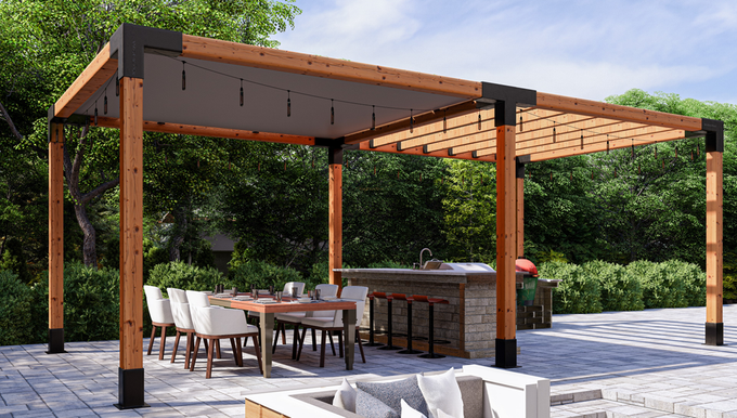 A pergola with a couch , chairs , and a grill in a backyard. A pergola with a couch , chairs , and a grill in a backyard.