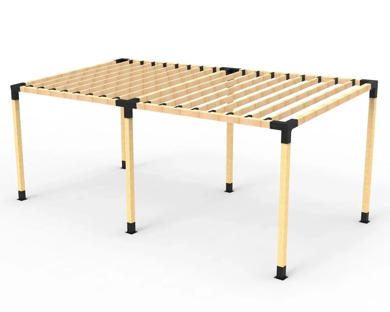A wooden pergola is sitting on top of a white surface.