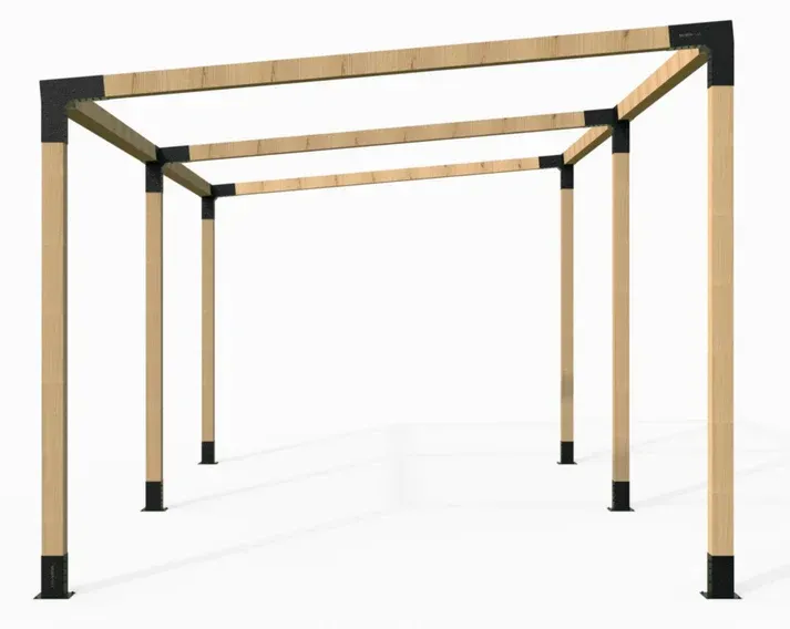 A 3d model of a wooden pergola on a white background