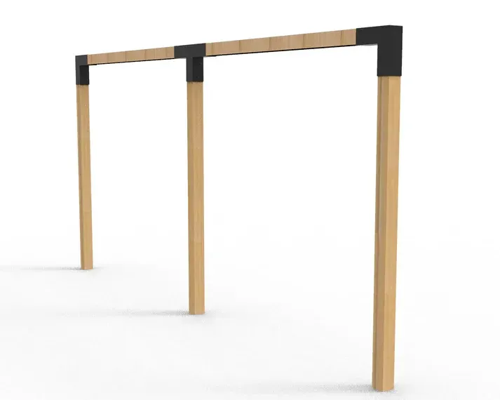 A 3d model of a wooden swing set on a white background.