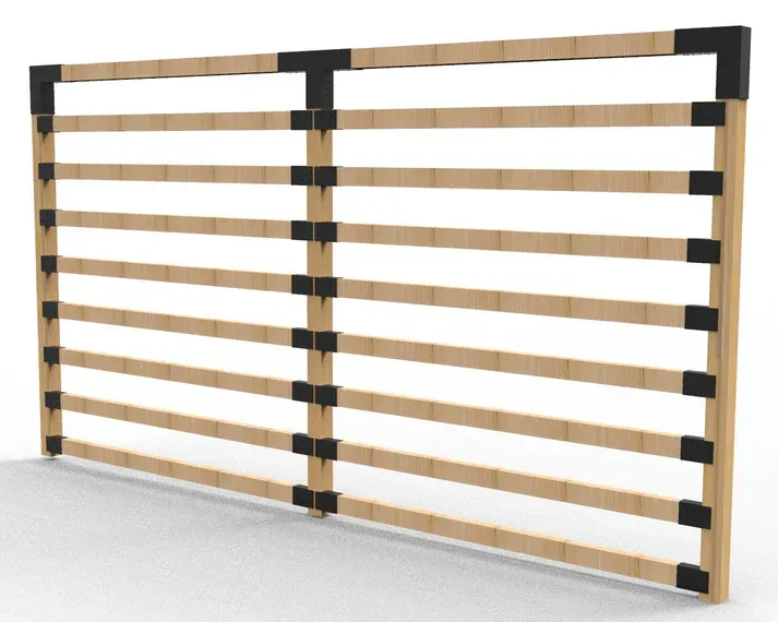 A wooden fence with black stripes on a white background