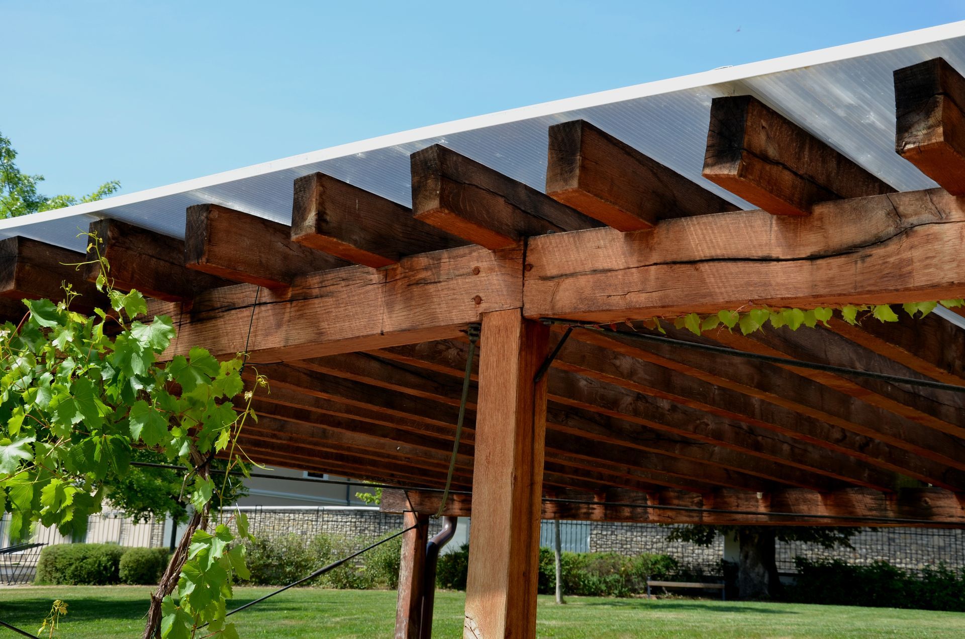 A wooden pergola with a clear roof in a park A wooden pergola with a clear roof in a park