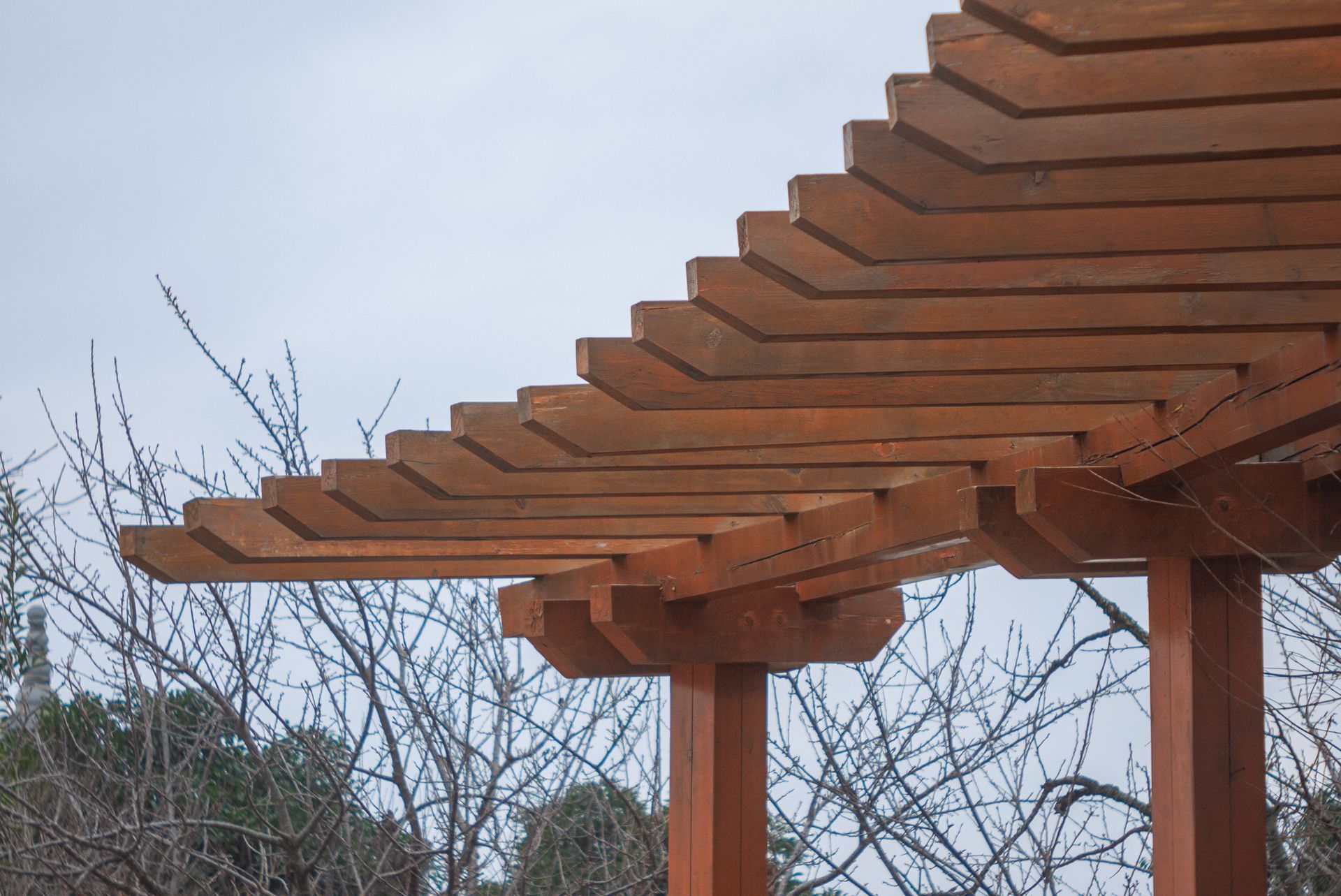 A close up of a wooden pergola with trees in the background A close up of a wooden pergola with trees in the background