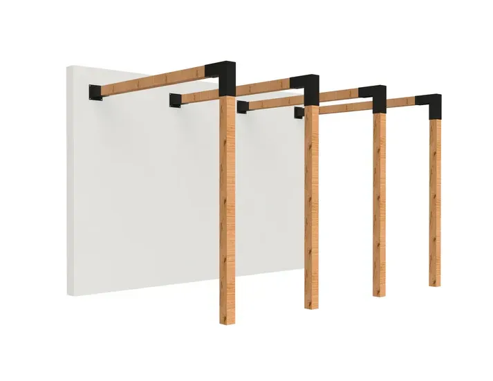 A white wall with wooden bars attached to it.