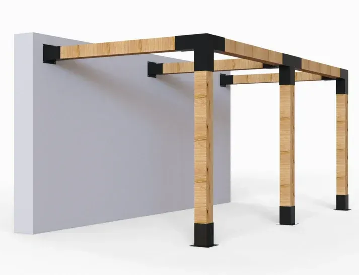 A wooden structure is attached to a white wall.