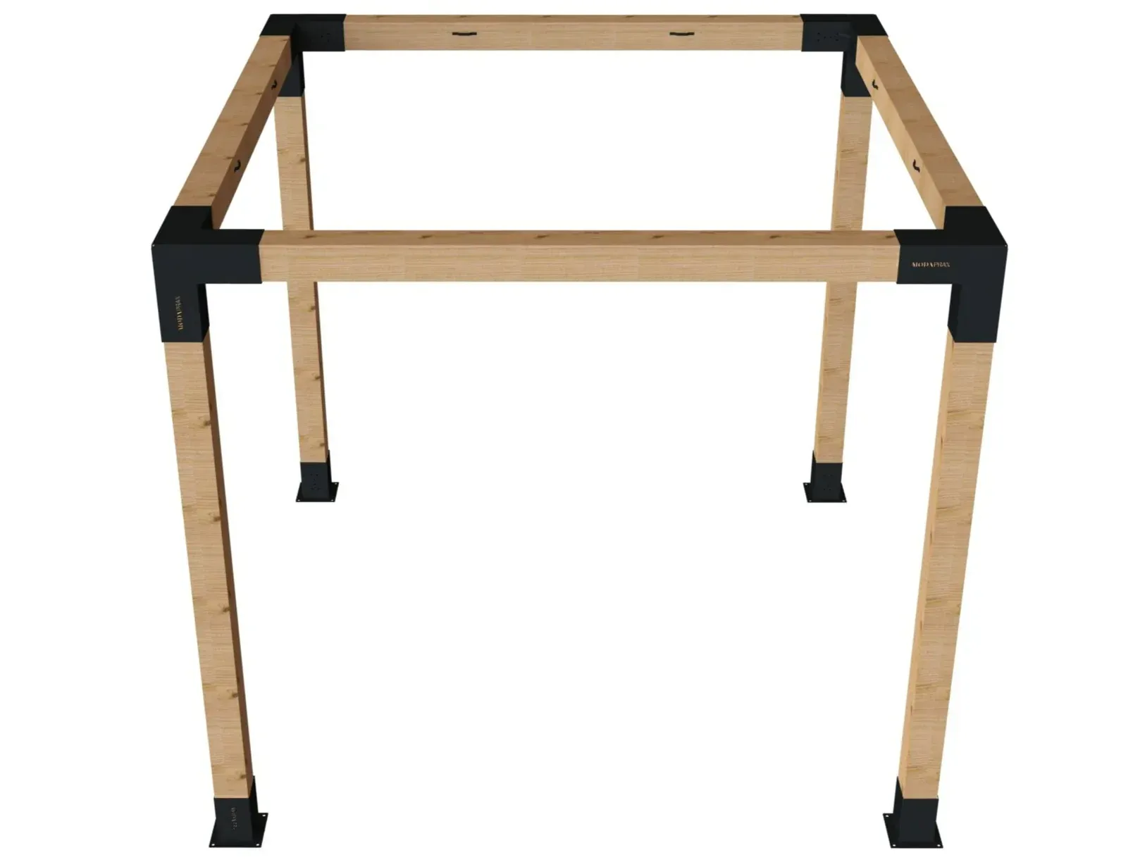 A wooden frame with black brackets on a white background