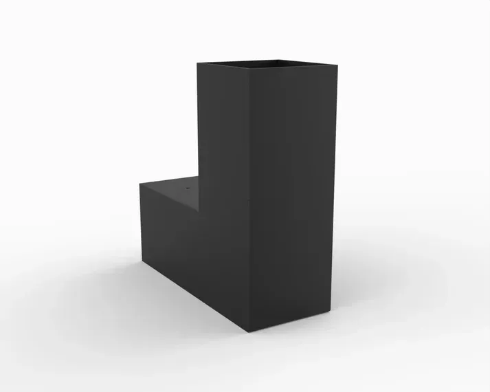 A black planter in the shape of the letter j on a white background.