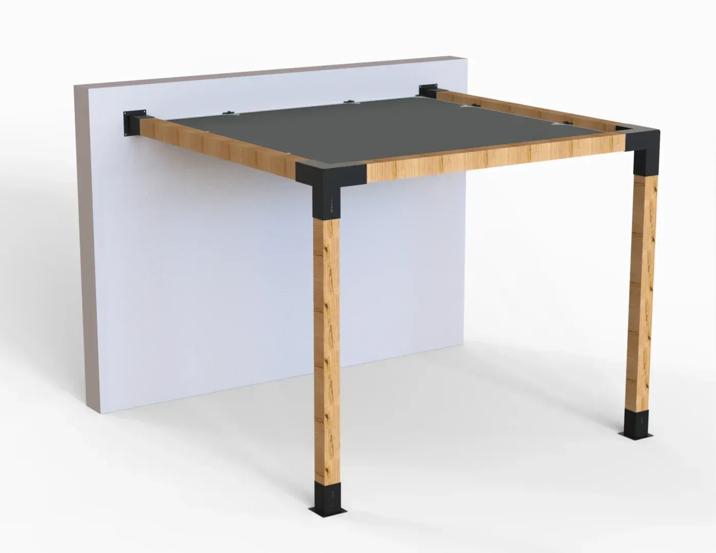 A wooden pergola is attached to a white wall.