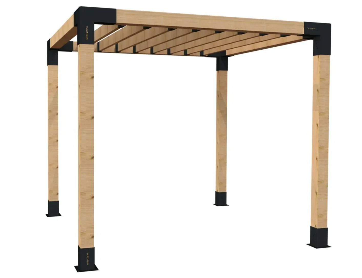 A wooden pergola with black posts on a white background