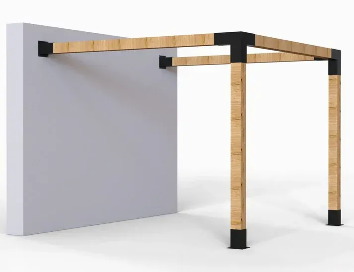 A wooden pergola is attached to a white wall.