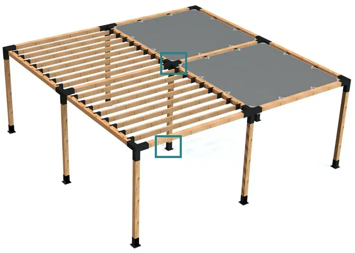 A 3d model of a wooden pergola with a gray roof.