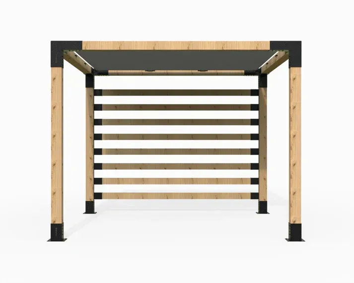 A wooden pergola with a black roof on a white background.