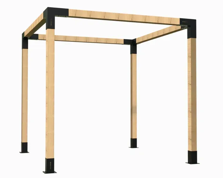 A wooden pergola is sitting on top of a white surface.
