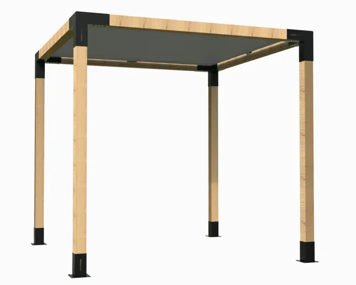 A wooden pergola with a black roof on a white background.