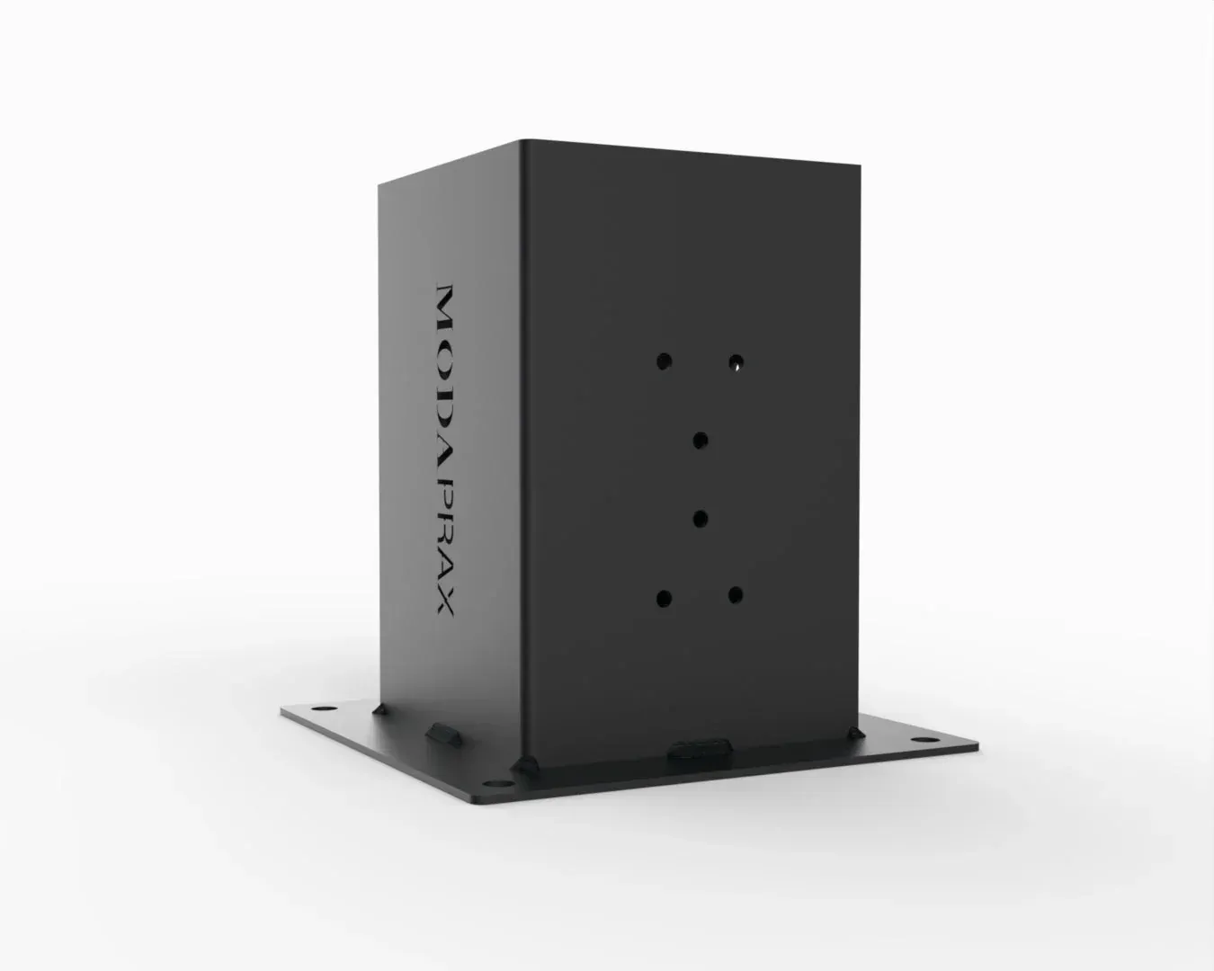 A black box with holes in it is sitting on a white surface.