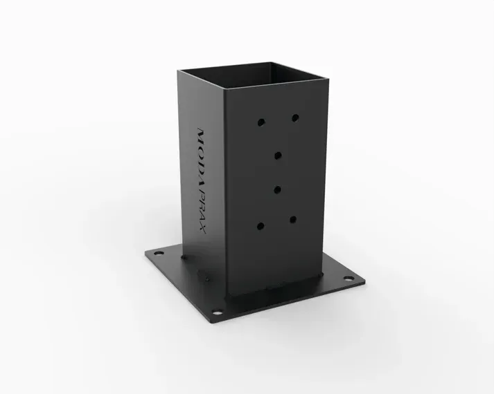 A black metal post with holes in it on a white background.