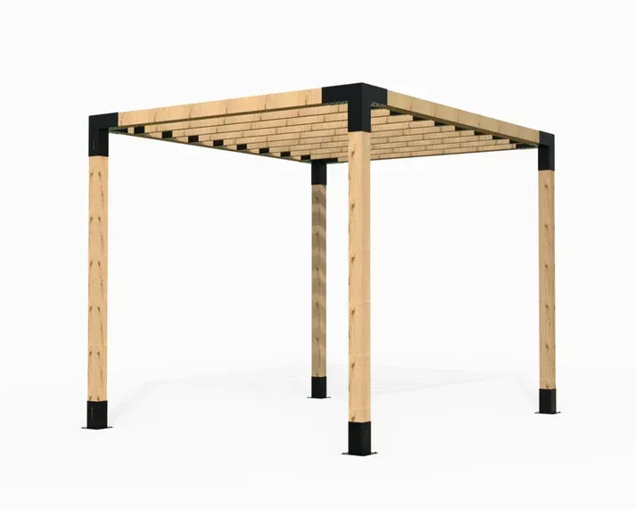 A 3d model of a wooden pergola on a white background.