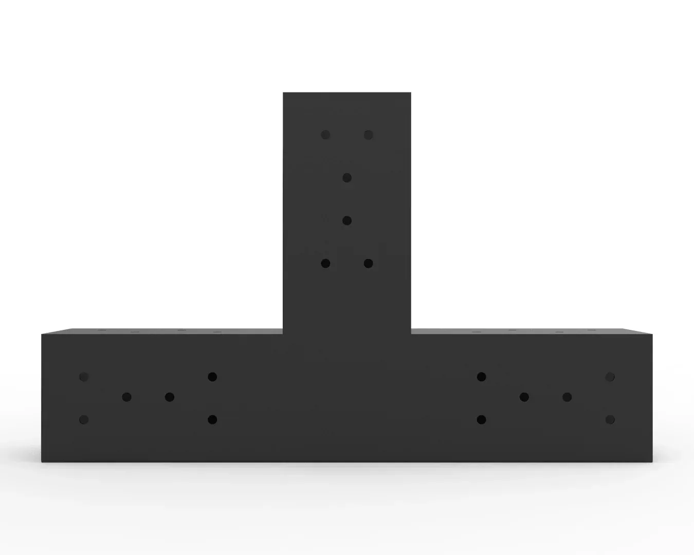 A black t-shaped piece of metal with holes in it on a white background.