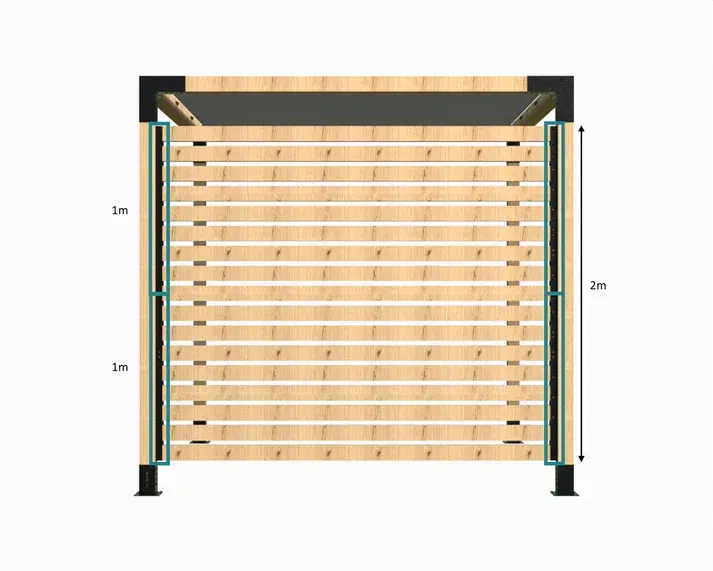 A 3d model of a wooden fence with measurements on a white background.