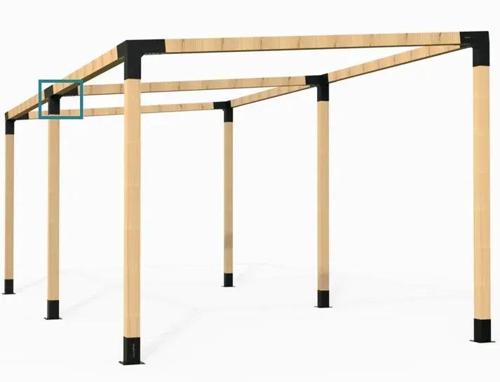 A wooden structure with a blue square in the middle on a white background.