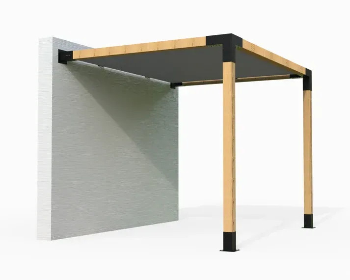 A 3d model of a pergola attached to a wall.