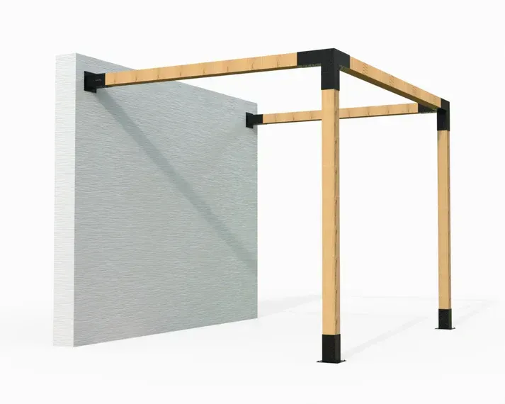 A wooden structure is attached to a concrete wall.