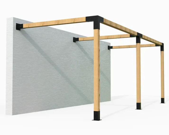 A wooden structure is attached to a concrete wall.