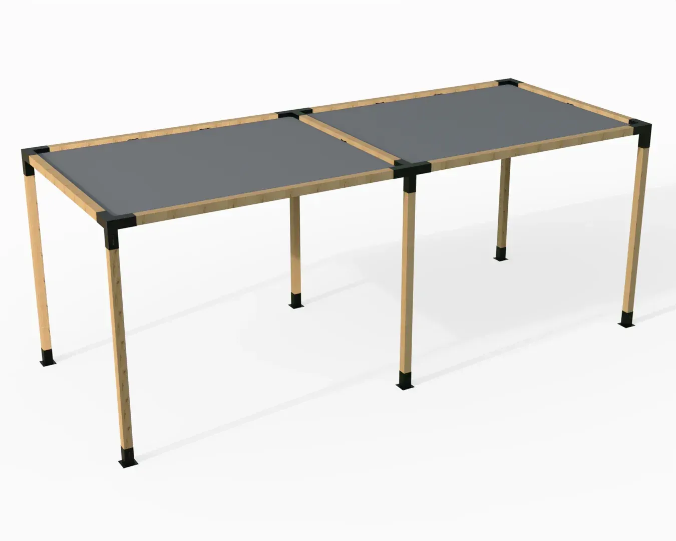 A wooden table with a gray top and wooden legs on a white background.