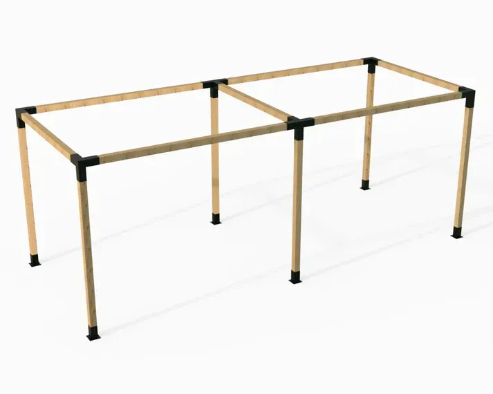 A wooden frame for a pergola on a white background.