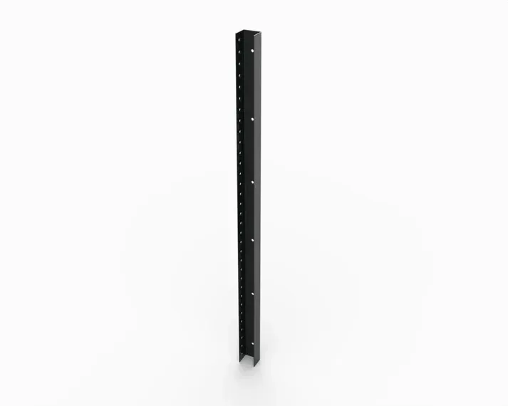 A black metal pole with holes in it on a white background.