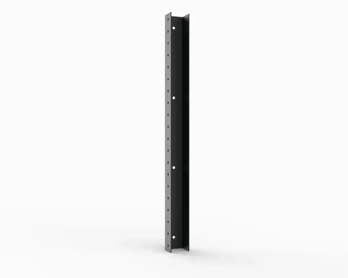 A black metal pole with holes in it on a white background.