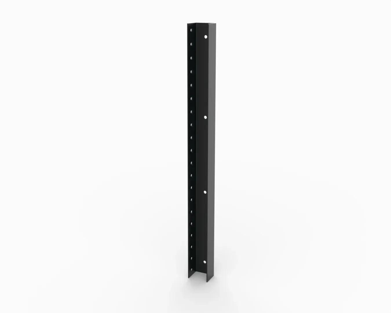 A black metal pole with holes in it on a white background.