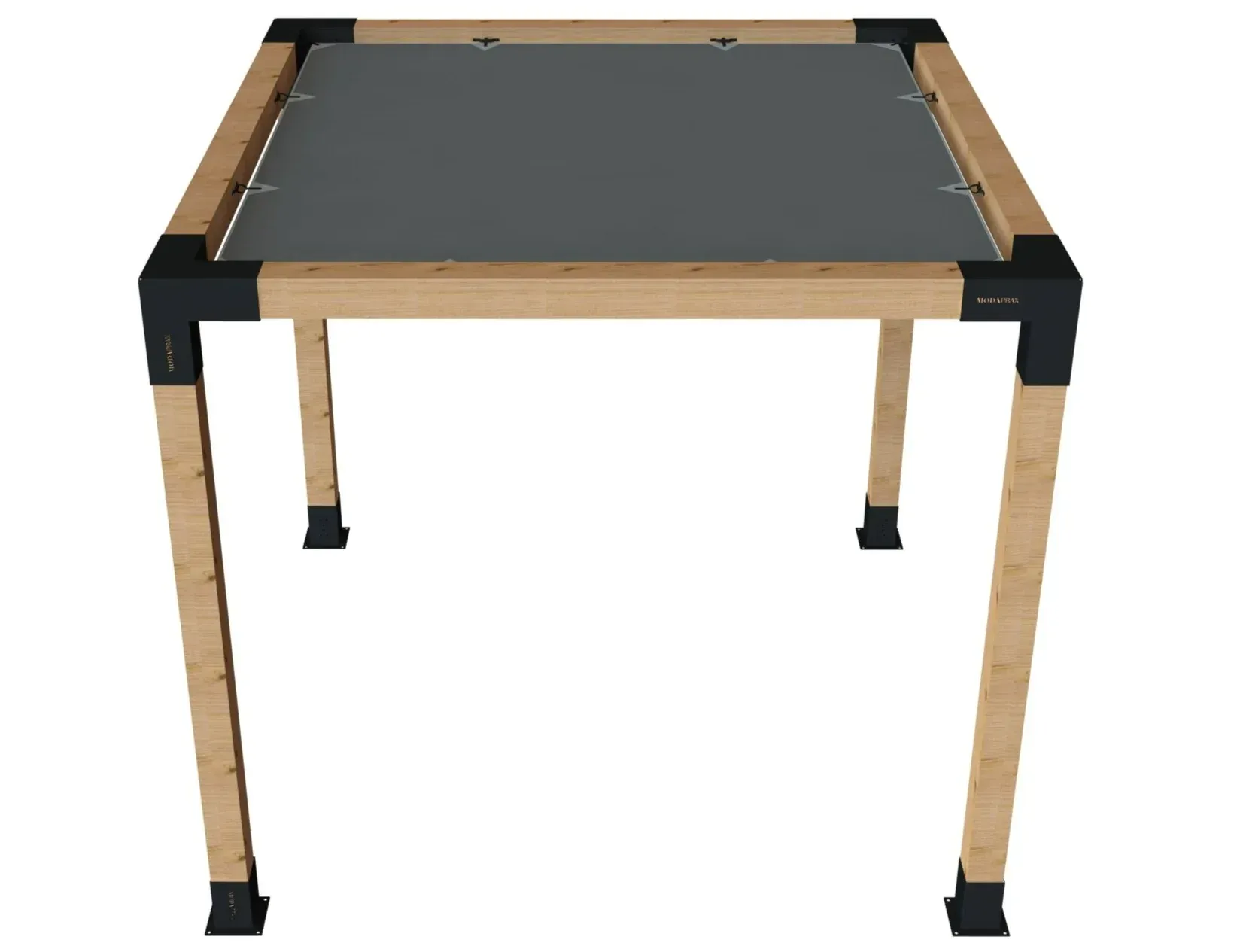 A wooden table with a black top on a white background
