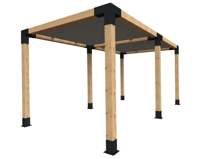 A 3d model of a wooden pergola with a black canopy