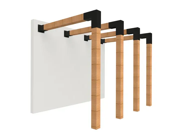 A 3d model of a wooden pergola attached to a white wall.