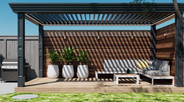 A pergola with a couch , chairs , and a grill in a backyard.