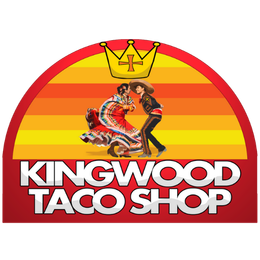 The logo for kingwood taco shop has a crown on it.