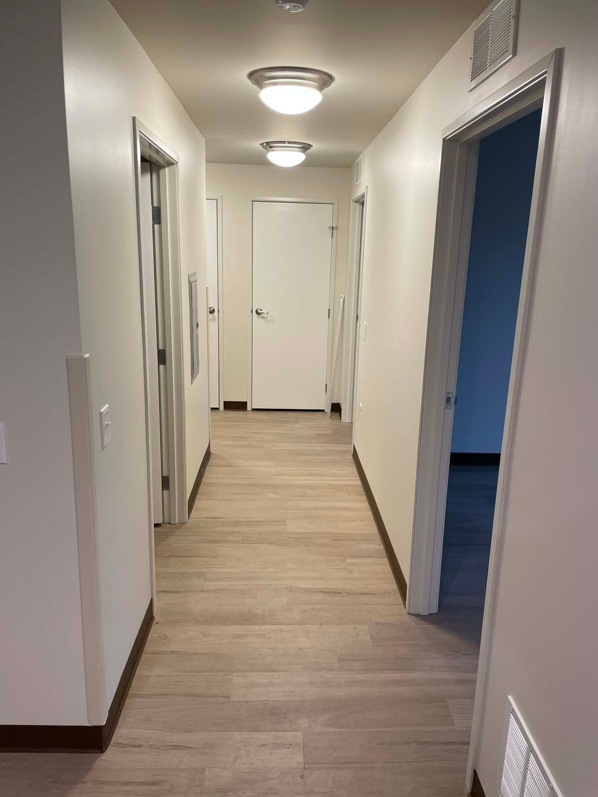 Narrow hallway with wood flooring, white walls, ceiling lights, and doorways on both sides