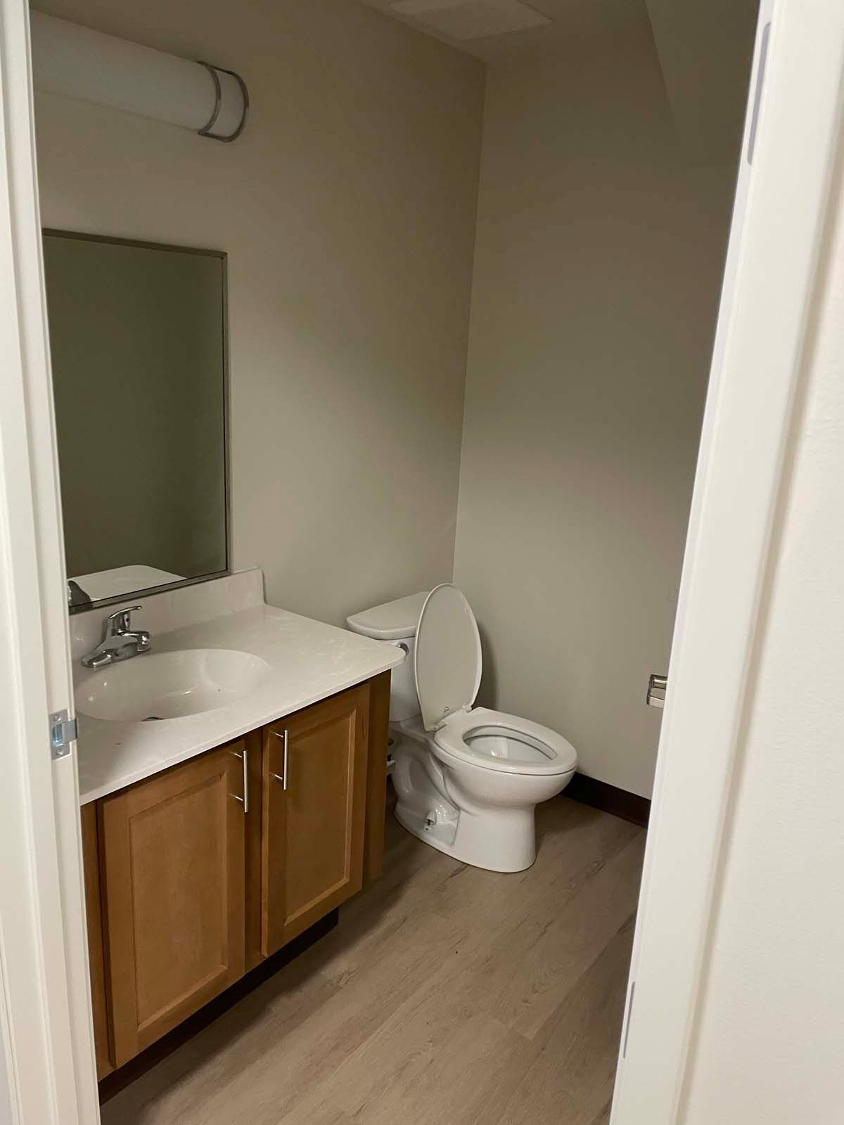 Small bathroom with wood vanity, mirror, sink, and toilet on light wood floor.