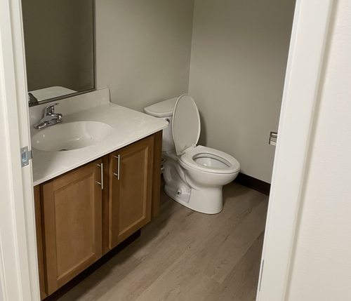 Small bathroom with wood vanity, sink, mirror, and an open toilet door.