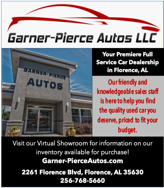 Garner-Pierce Autos LLC dealership ad with building photo, red car graphic, and Florence, AL contact info
