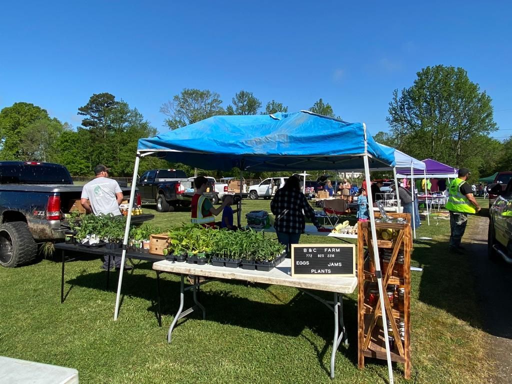 A farmer 's market is taking place in a grassy field.