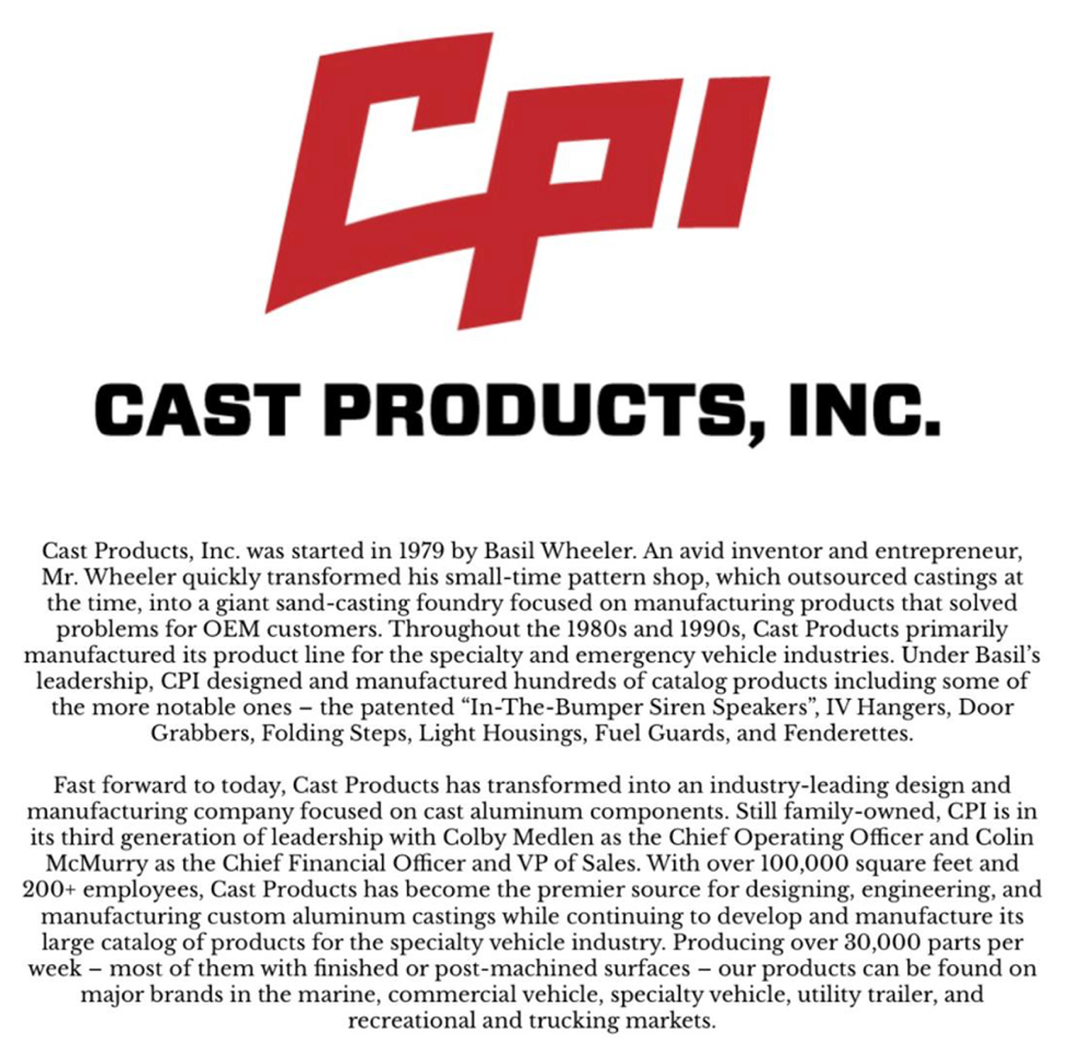 CPI Cast Products, Inc. logo in red and black with company history text below