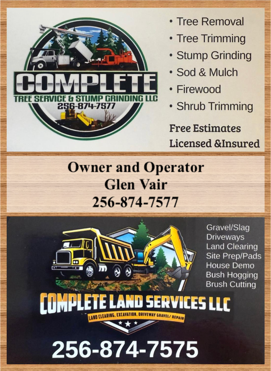 Business card for Complete Land Services LLC with tree, stump, and landscaping services and phone number 256-874-7577