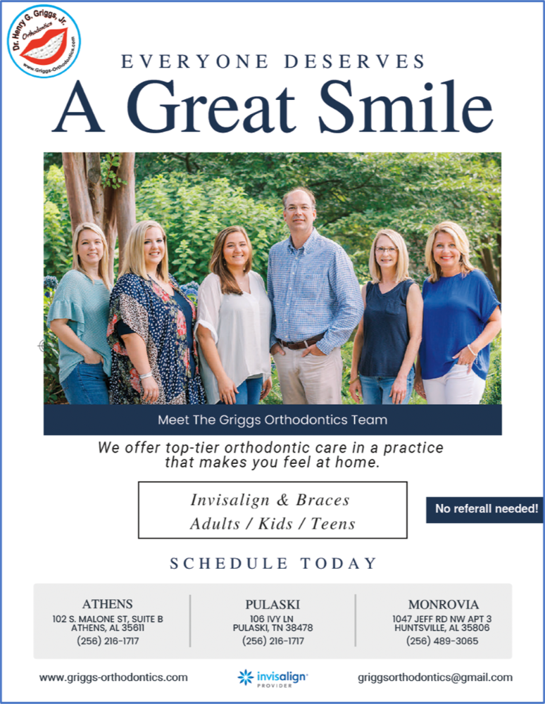Orthodontic clinic ad with smiling staff photo and “A Great Smile” headline, offering braces and Invisalign