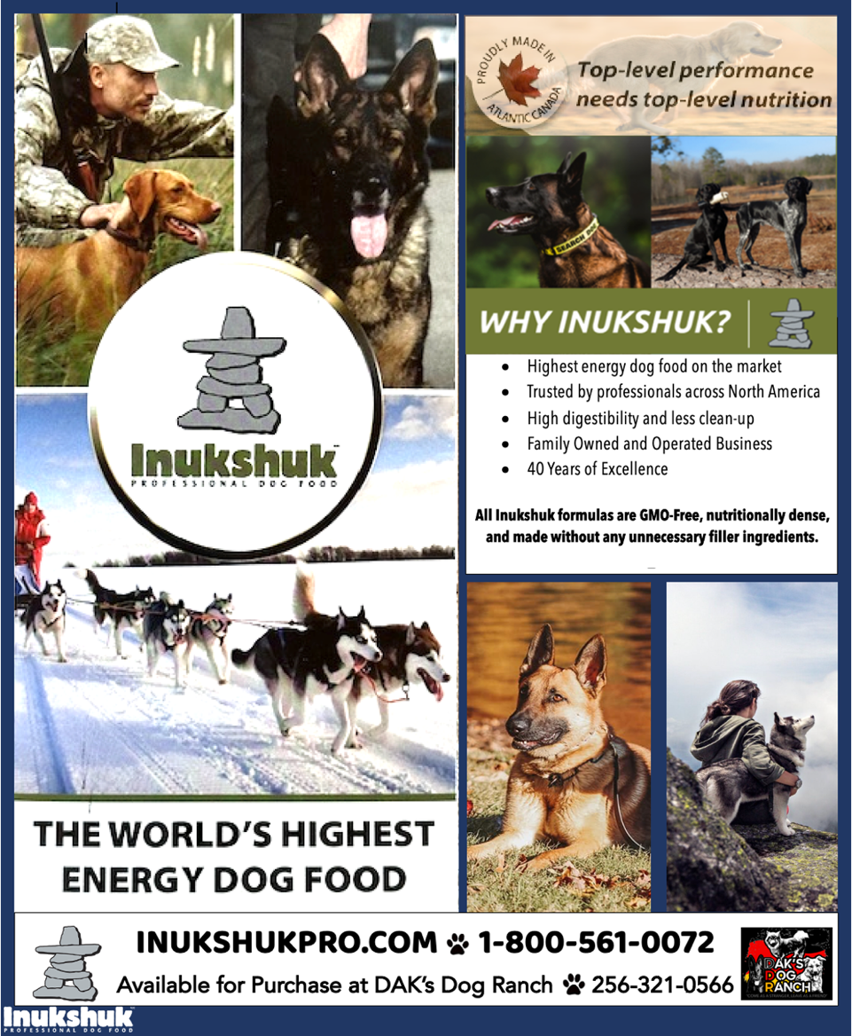 Inukshuk dog food ad with sled dogs, hunters, and bold text: “The World’s Highest Energy Dog Food.”
